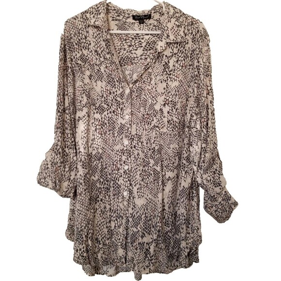 Velvet Heart Shirt Womens 2X Animal Print Snake Cream Gray Long Sleeve Button - Picture 1 of 4